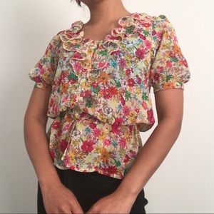 NB Floral Button Down Peplum Blouse with Lace detail Size M